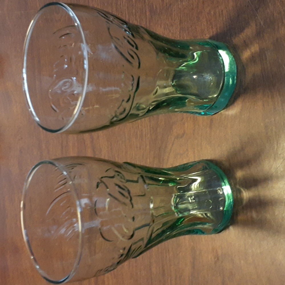 Two 4" high, green Coca-Cola glasses